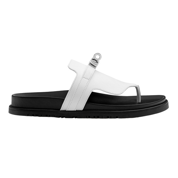 Hermes Empire Sandals White Black Leather Kelly Lock Logo Slide Mule Flat 37 - Picture 1 of 12